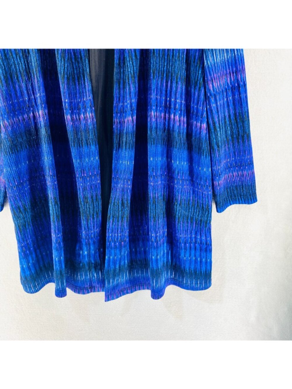 Susan Graver Liquid Knit Sweate XL Purple Blue Stretch Abstract Open Cardigan - Picture 2 of 14